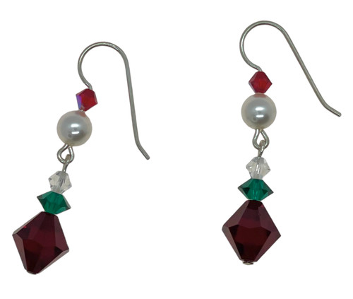 Sterling Silver Swarovski Crystal Red Bi-Cone & Pearl Christmas Earrings 