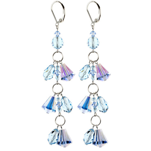 Sky Blue and Crystal AB Fringe Shoulder Duster Sterling Silver and Swarovski Crystal  Earrings