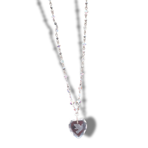 Etched Dove Heart Pendant Necklace with Rare Vintage Swarovski Crystals on Sterling Silver - Limited Edition