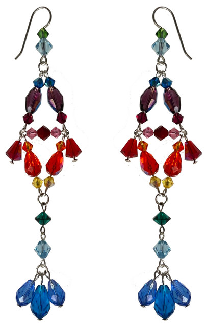 make a statement in these statement shoulder duster earrings designed especially for pride month.  rainbow chandelier earrings are sterling silver and swarovski crystals, limited edition by designer karen curtis
