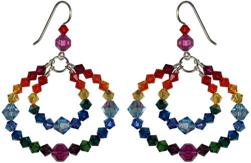 double hoop rainbow earrings designed especially for pride month.  rainbow hoop earrings are sterling silver with swarovski crystals by designer karen curtis