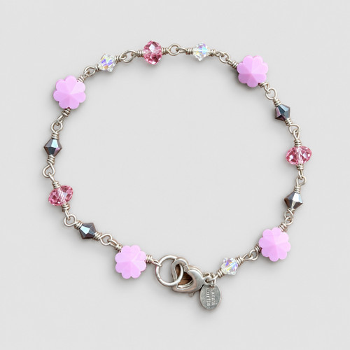 Sterling Silver Pink Wire Wrap Opaque Crystal Bracelet