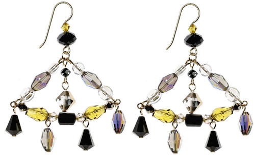 Colorful Swarovski crystal chandelier earrings. Citron and smoke jazz age collection by The Karen Curtis Jewelry Company  in NYC.