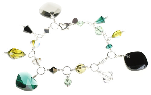 Green, yellow and black Swarovski Crystal charm bracelet made by the Karen Curtis Company in NYC