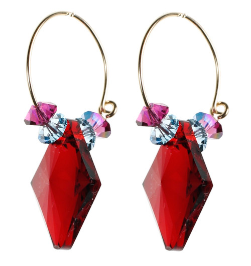 Bright Red Crystal Hoop Earrings