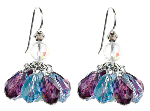 Crystal Earrings made with Purple and Blue Swarovski Crystal in a Short Chandelier like Earring