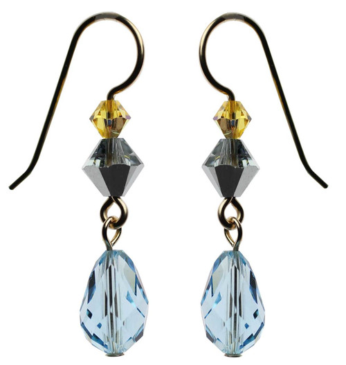 Aqua blue Swarovski crystal dangle earrings - 14K gold filled metal