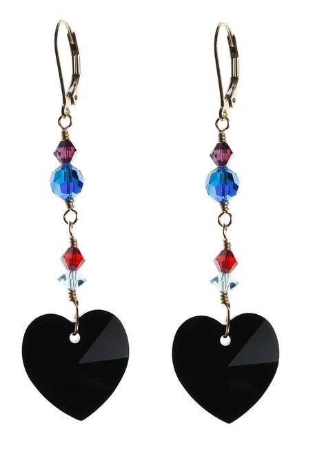 black heart crystal earrings - 14K gold filled metal