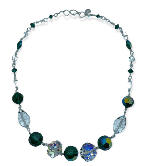 Sterling Silver Swarovski Crystal Chunky Green & Clear Statement Necklace