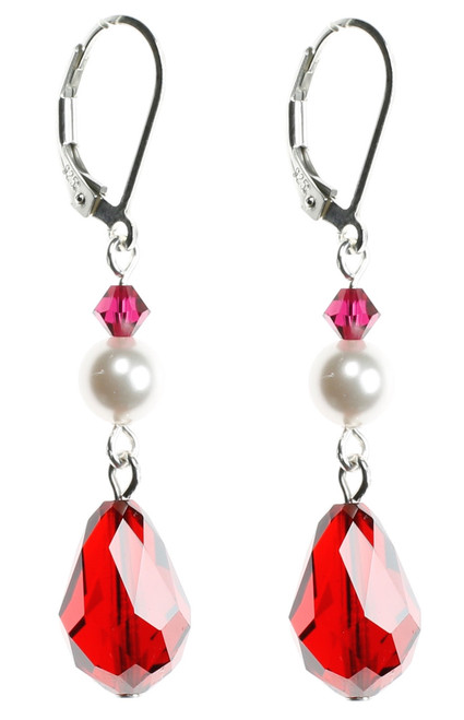 Bright Red Crystal earrings with White Pearl on Sterling Silver finishings.