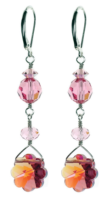 Crystal Flower Dangle Earrings. Vintage Pink Crystals from Swarovski