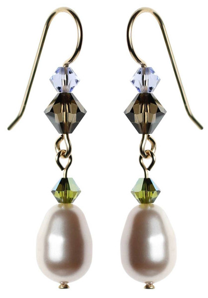 Swarovski white pearl, gold filled dangle earrings.