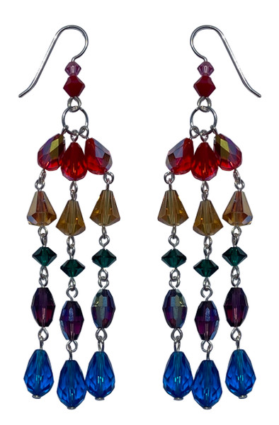 Sterling Silver 3-Strand Rainbow Colored Earrings Made with Crystals From Swarovski