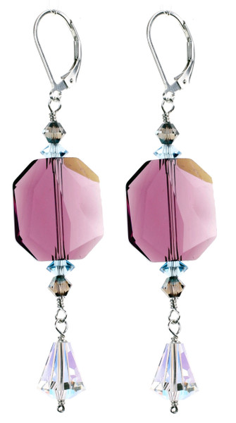 Big Purple Swarovski Crystal Earrings made with Sterling Silver andVintage Clear Crystal.