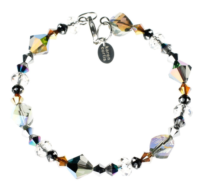 Grey, tan, clear and rainbow colored crystal bracelet made on sterling silver and memory wire.