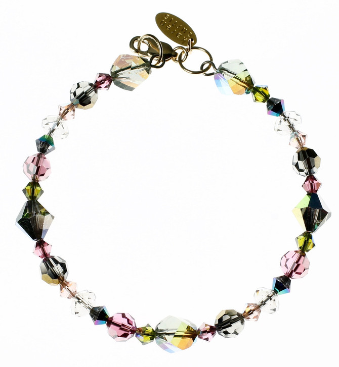 Crystal bracelet made with soft rose, grey and iridescent colored beads.