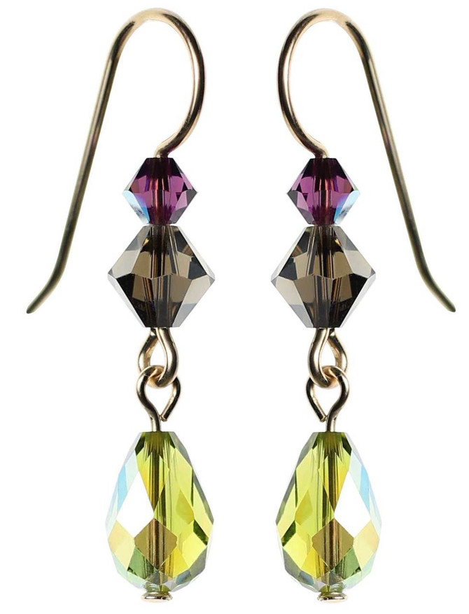 Olive green crystal earrings. Swarovski and gold filled metal.