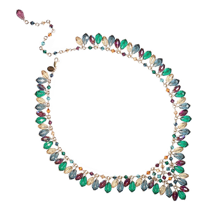 Emerald green and Montana blue Swarovski crystal V-necklace