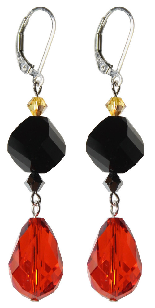 An elegant statement for Halloween. these earrings adorned with rare and dazzling Swarovski crystals in vibrant orange and black with a yellow accent adding a touch of  elegance to your festive look.