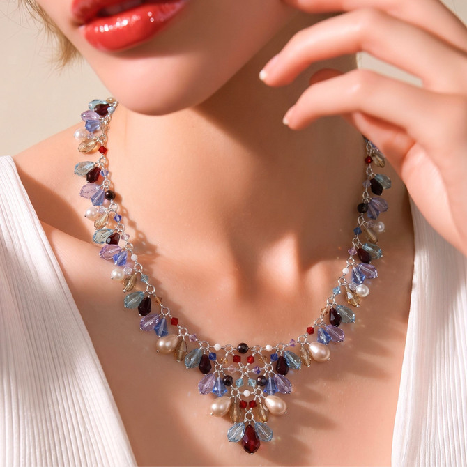 Sterling Silver and Colorful Swarovski Crystal V-Necklace - Sailing Collection