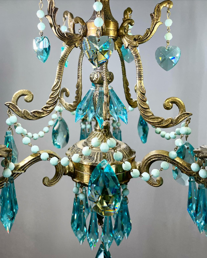 Vintage brass chandelier amazing detail accented with teal STRASS Swarovski crystal