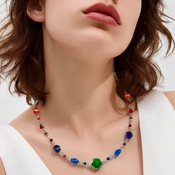 rainbow chunky necklace hand made in nyc for pride . designed using crystals from Swarovski and semi precious beads. by designer karen curtis.