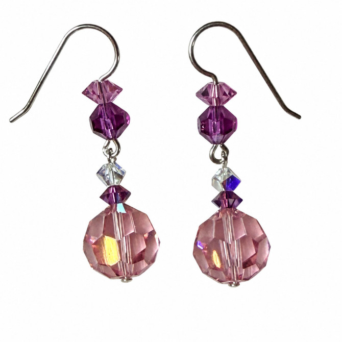 Sterling Silver Pink Dangle Earrings Featuring Rare Vintage Swarovski Crystals