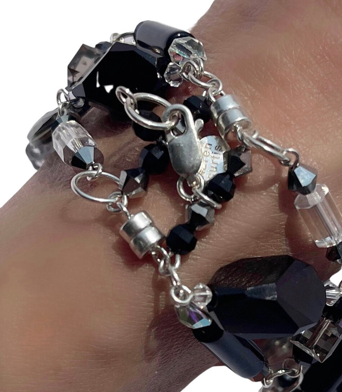 back view of karen curtis' new jet black and crystal watch bracelet with sterling silver magnetic clasps