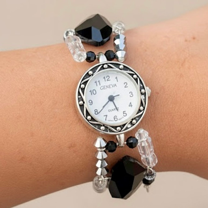 Black & White Swarovski Crystals & Sterling Silver Bracelet Watch