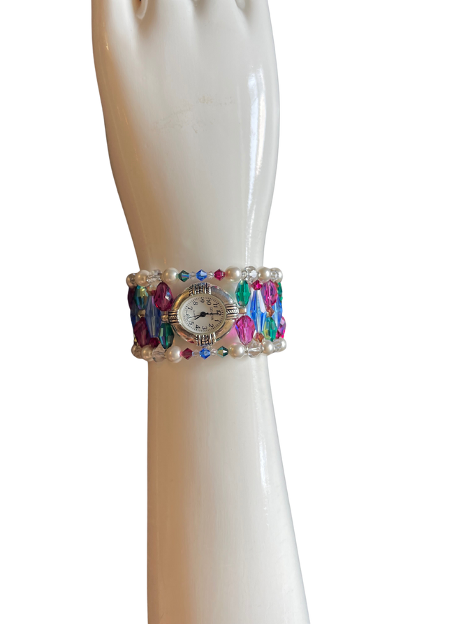 Jewel Toned Multi Colored Swarovski Crystal Watch Cuff Bracelet features Sterling Silver