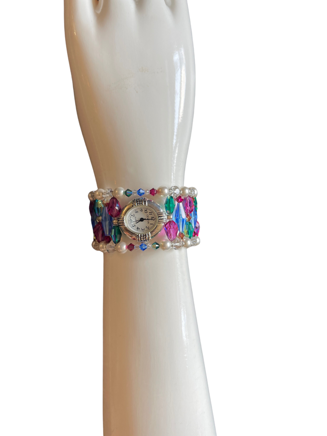Jewel Toned Multi Colored Swarovski Crystal Watch Cuff Bracelet features Sterling Silver