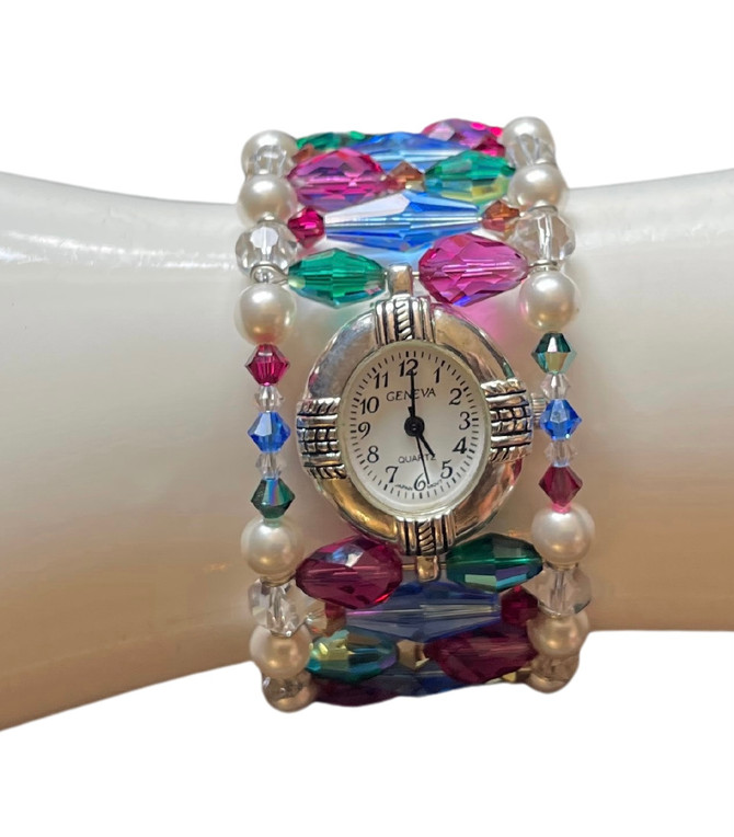 Jewel Toned Multi Colored Swarovski Crystal Watch Cuff Bracelet features Sterling Silver