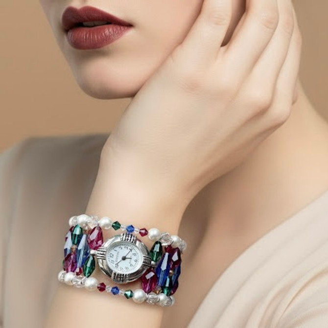 Jewel Toned Multi Colored Swarovski Crystal Watch Cuff Bracelet features Sterling Silver