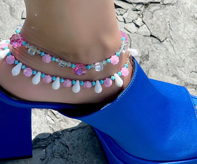 Pink & Turquoise Vintage Swarovski Crystal Anklet with Sterling Silver