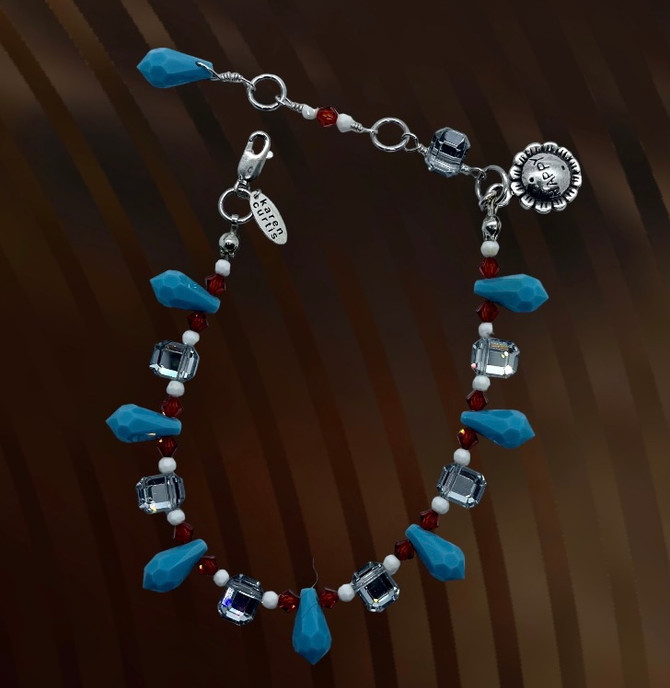 Limited edition anklet, adjustable, colors : turquoise, Indian red and silver Swarovski crystal handmade in New York City by designer karen curtis