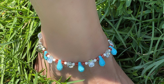  Turquoise, Silver & Ivory Vintage Swarovski Crystal Anklet featuring Indian Red Accents & Sterling Silver