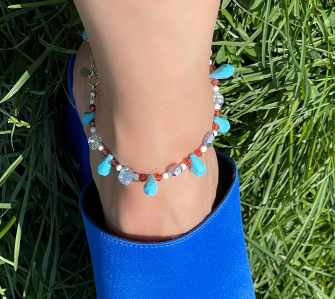  Turquoise, Silver & Ivory Vintage Swarovski Crystal Anklet hand crafted in nyc by designer karen curtis