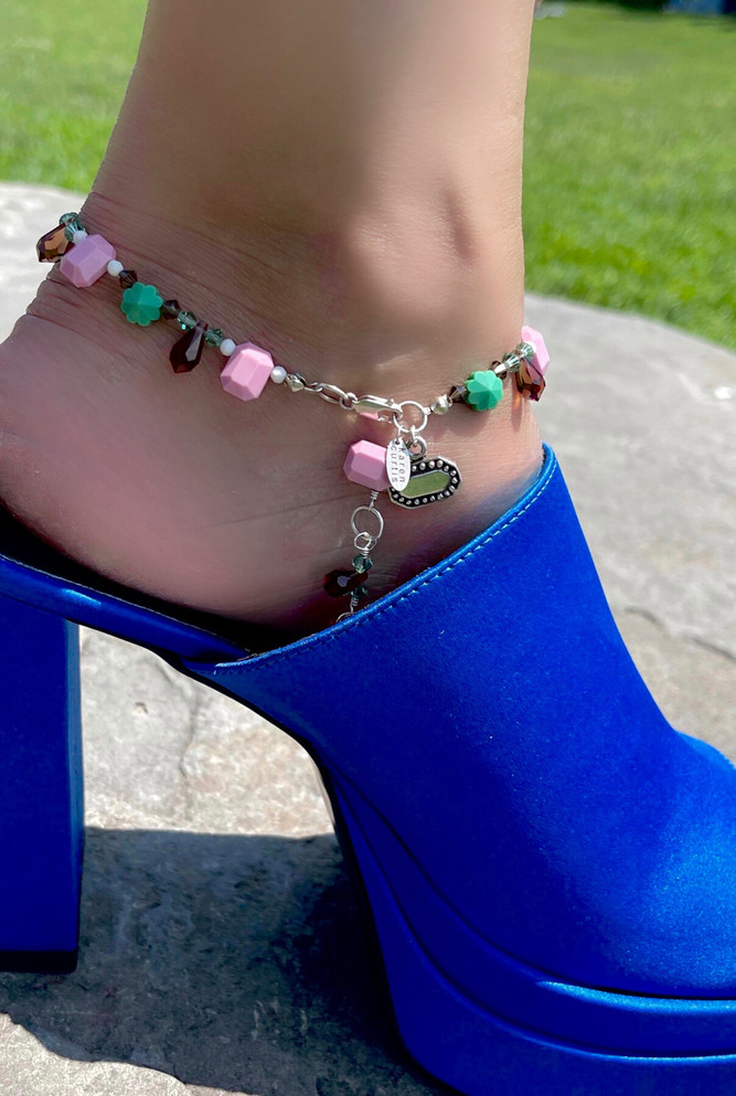 Apple Green,  Pink & Ivory Vintage Swarovski Crystal Anklet featuring Smokey Quarts & Sterling Silver