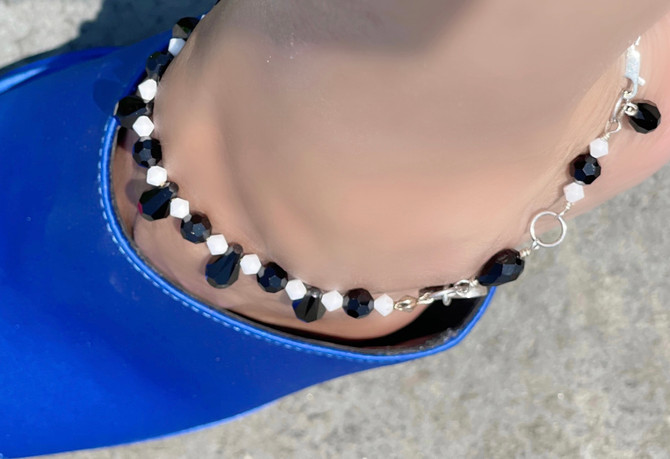 Black & White Swarovski Crystal Adjustable Ankle Bracelet with Sterling Silver Courage Charm