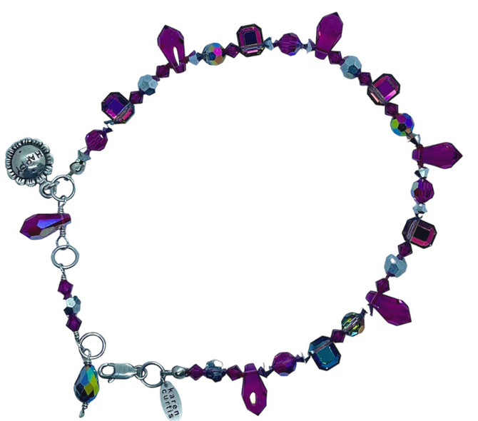 Ltd Edition Anklet, Vintage Swarovski Crystal VM, Fuchsia & Silver, Sterling Silver "Happy" flower sterling silver Charm