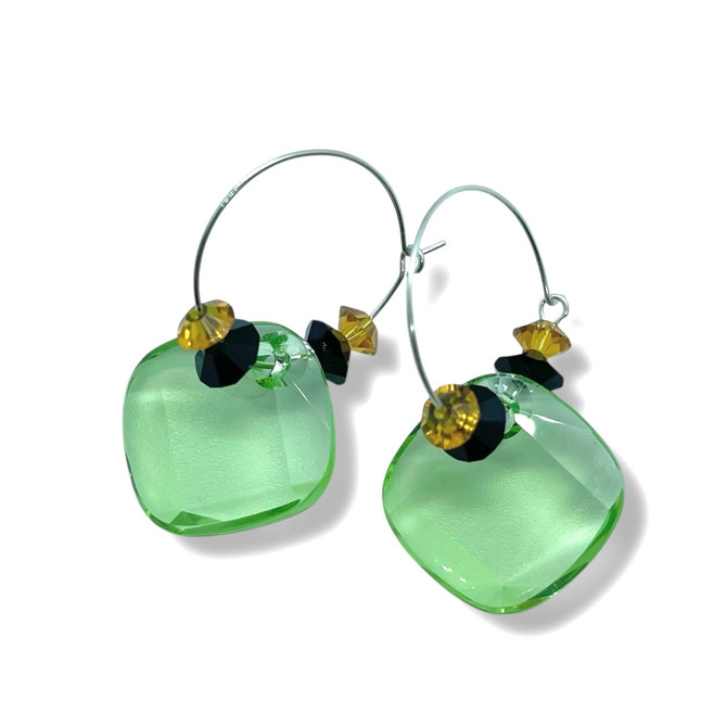 Witchy Peridot: Rare Swarovski Metro Pendant Hoop Earrings in Sterling Silver 