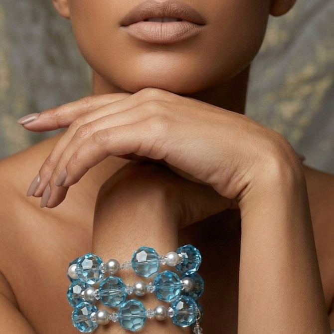 Limited Edition Aqua Blue with rare 14mm Swarovski Crystal and Pearl Bangle Bracelet - Something Blue