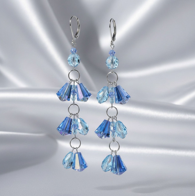 Sky Blue and Crystal AB Fringe Shoulder Duster Sterling Silver and Swarovski Crystal  Earrings