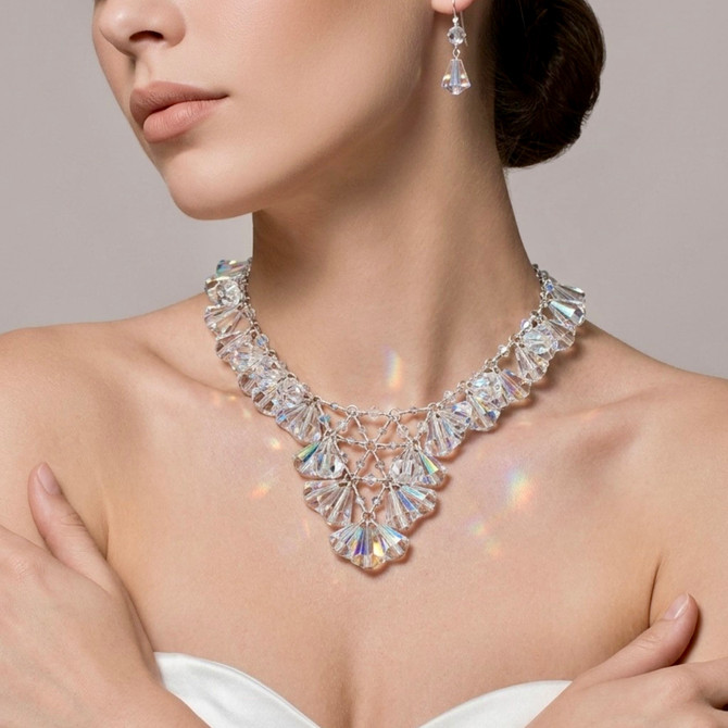 Signature V necklace in sterling silver with clear and Aurora Borealis Swarovski crystals, adjustable bridal statement necklace