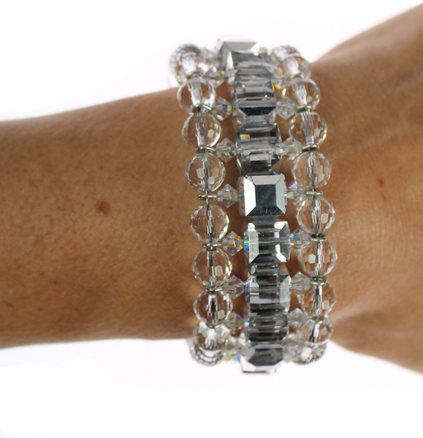 Close-up of heavily faceted Swarovski crystals on Art Deco cuff bracelet, reflecting light