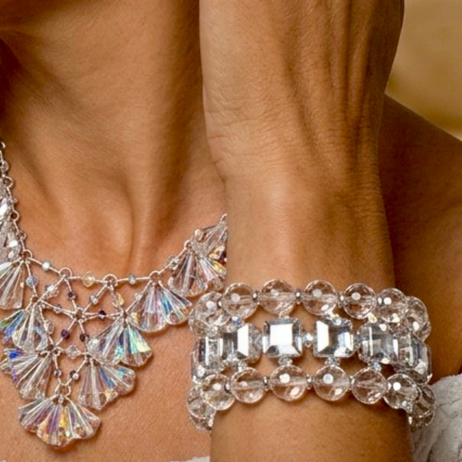 Luminous Swarovski crystal cuff bracelet styled for evening or bridal wear