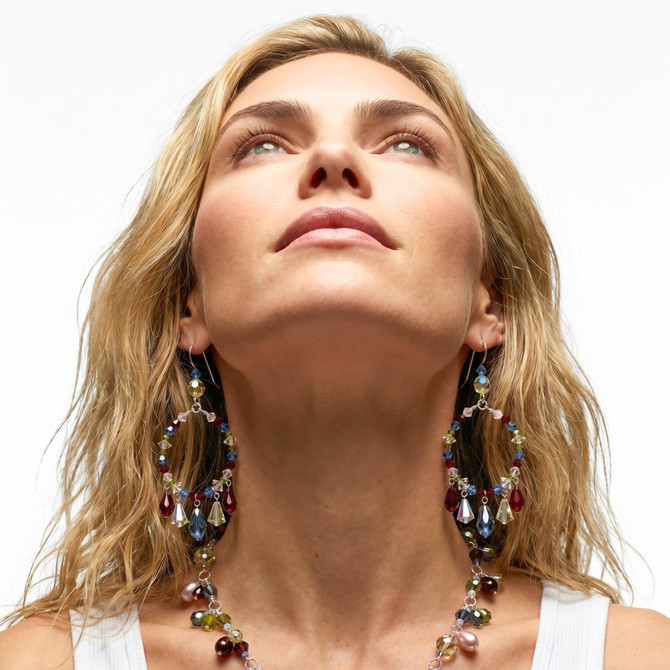 Hoop Earrings with Drops, Sterling Silver, Crystals by Swarovski, Botanical Colors