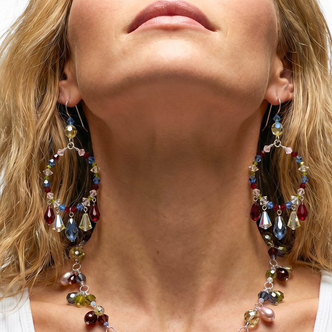 Hoop Earrings with Drops, Sterling Silver, Crystals by Swarovski, Botanical Colors