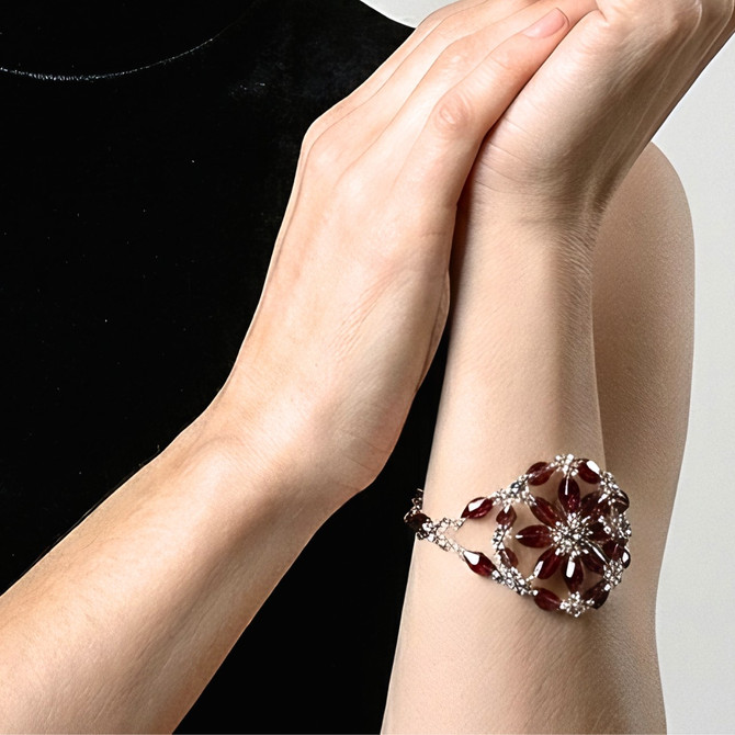 Karen Curtis one of a kind medallion bracelet made with rare burgundy Swarovski cyrstals  on model