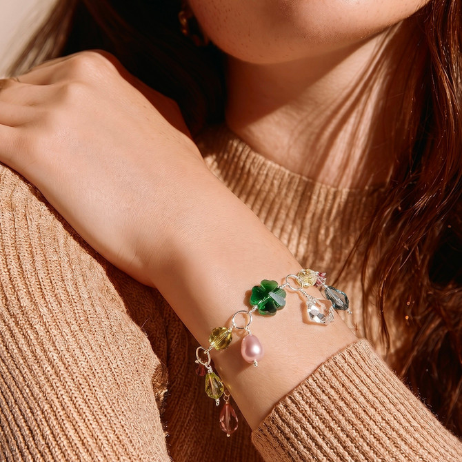 Botanical Shamrock Charm Bracelet in Sterling Silver with Swarovski Crystals Short Description / Intro Copy
